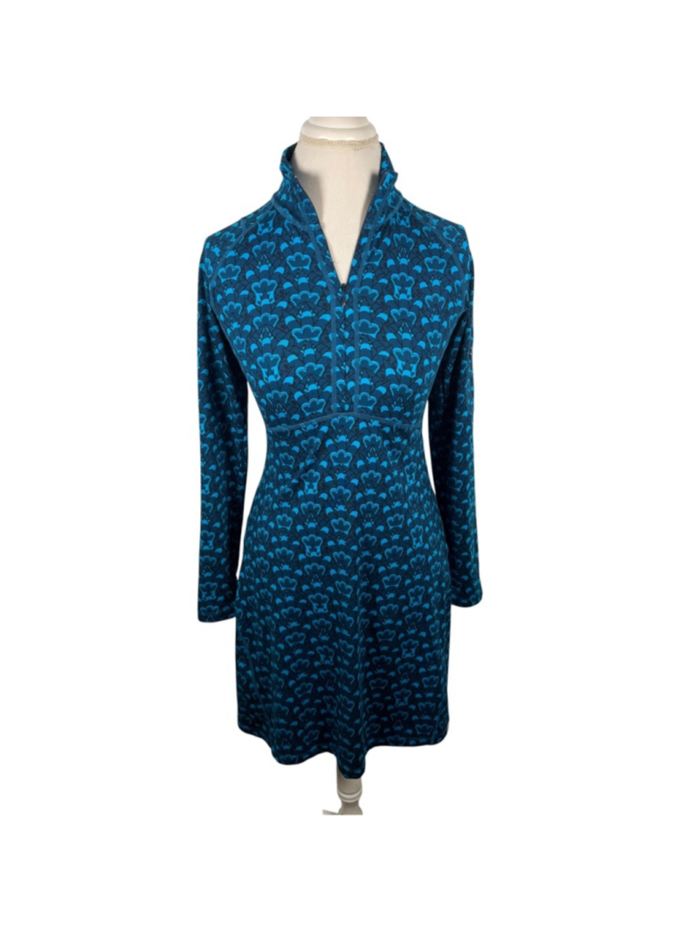 Title Nine Synergy Getaway Dress Womens XS Blue Print Mock Neck Long Sleeve - Picture 2 of 9